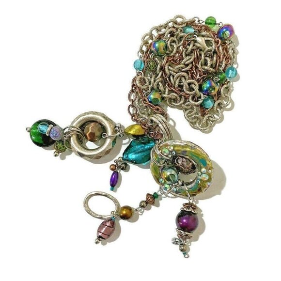 Double Chain Long Statement Necklace Copper Silver Tone - Picture 2 of 7